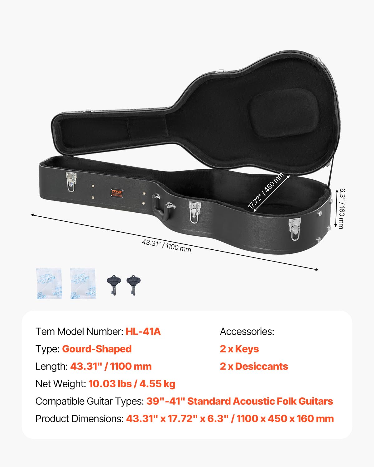 Black 43.31 in Gourd-Shaped Acoustic Guitar Hard Case N608100