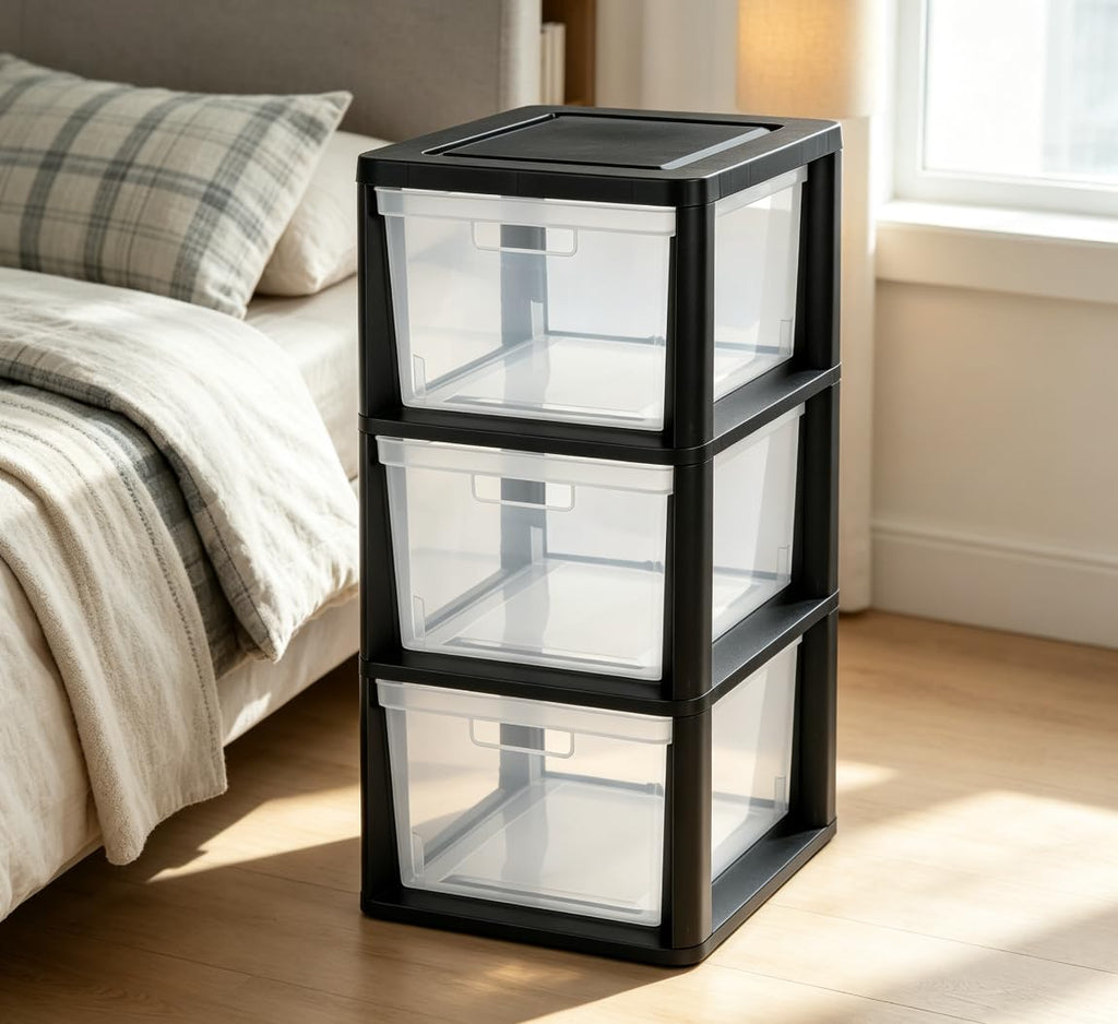 Black 3-Tier Plastic Storage Drawer Tower K1082