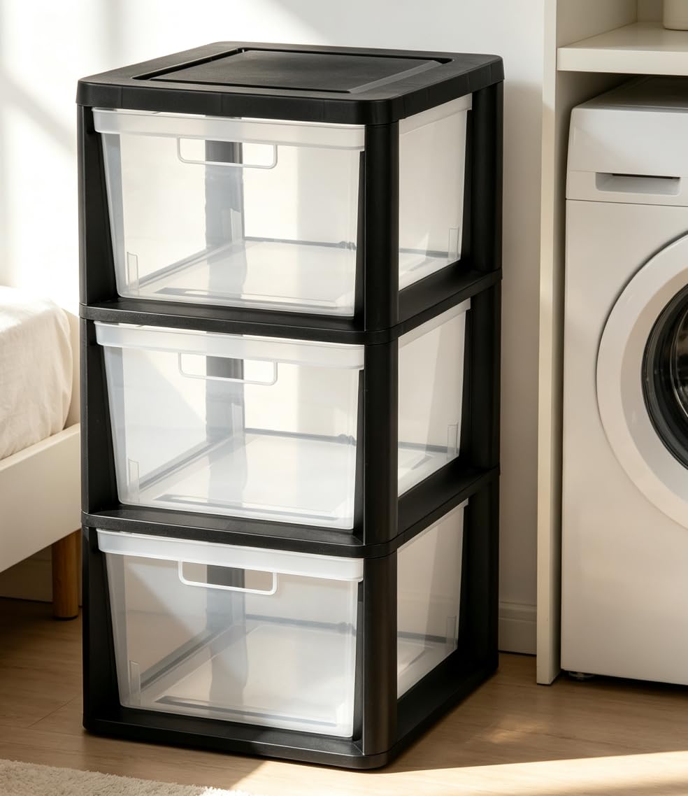 Black 3-Tier Plastic Storage Drawer Tower K1082