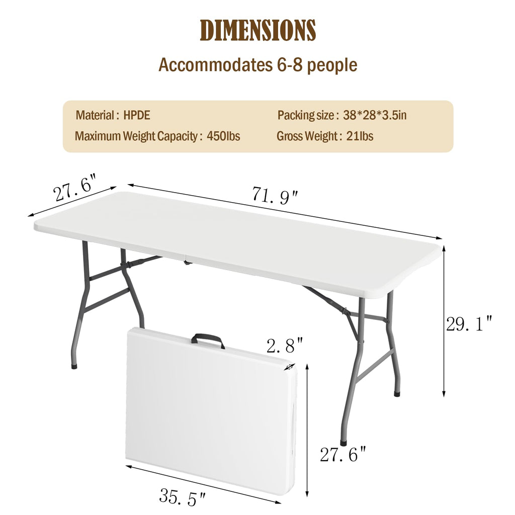 6FT White Folding Picnic Table with Carrying Handle K2565