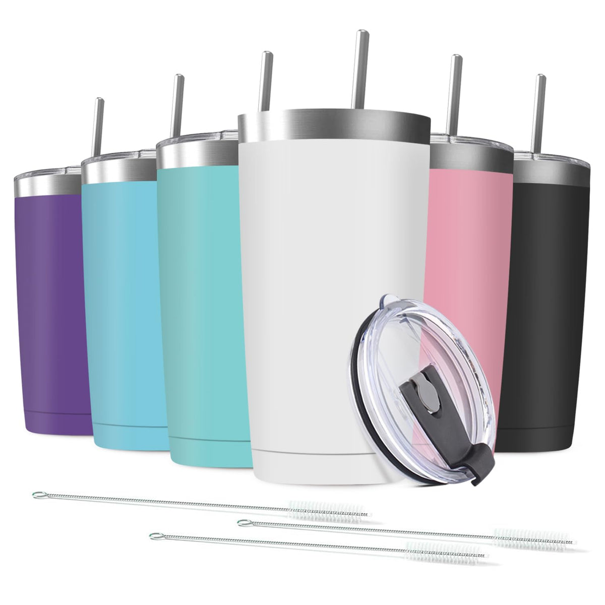 6 Pack 20 oz Stainless Steel Insulated Tumbler with Straw and Lid N27836
