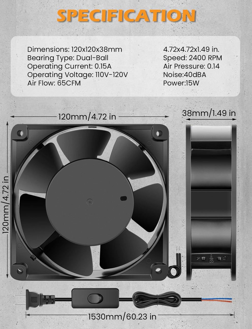 120mm x 38mm 120V Dual Ball Bearing Axial Fan H665114