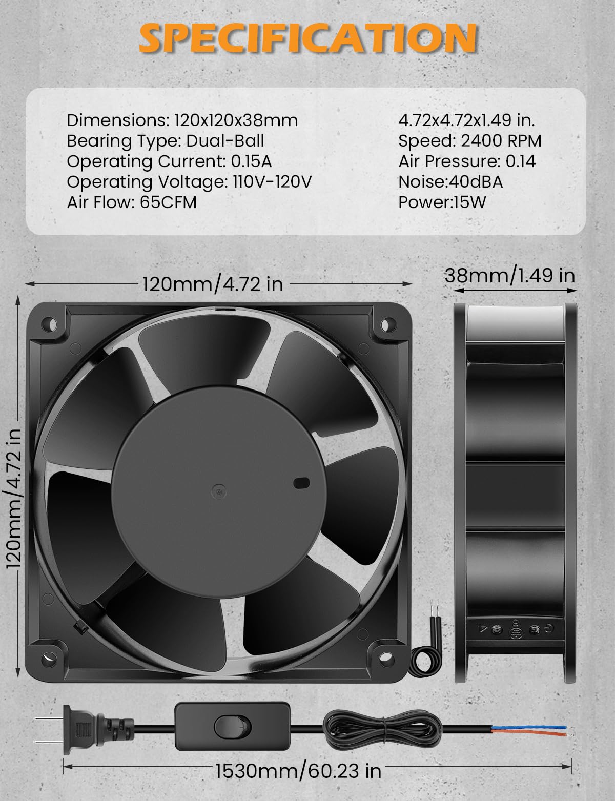 120mm x 38mm 120V Dual Ball Bearing Axial Fan H665114