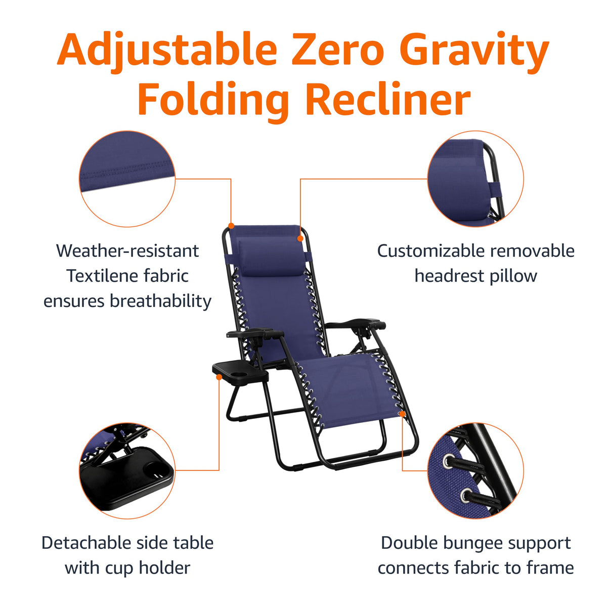 Blue Set of 2 Adjustable Zero Gravity Lounge Chair with Cup Holder K772305