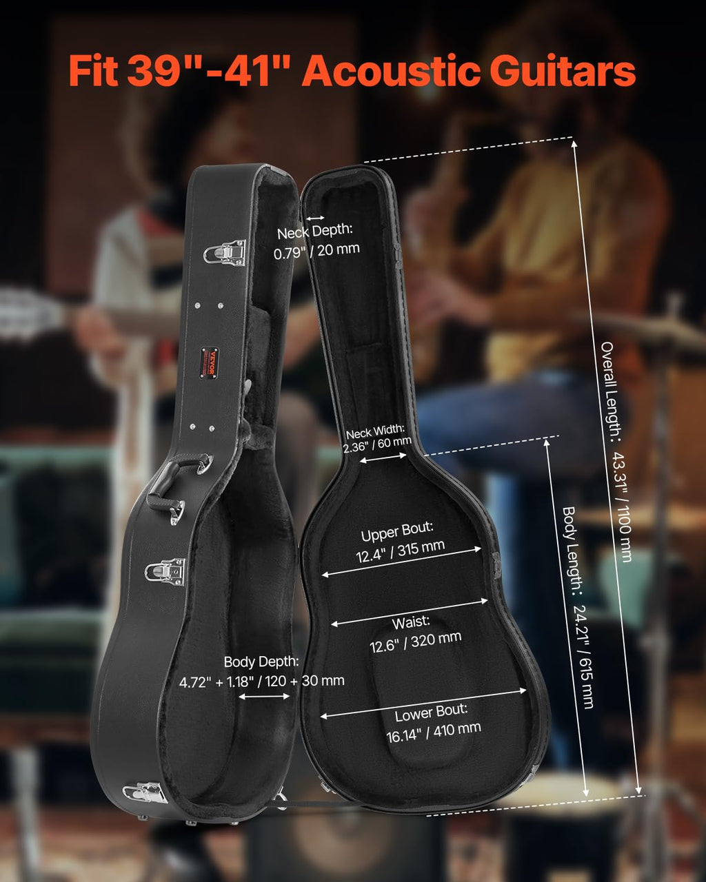 Black 43.31 in Gourd-Shaped Acoustic Guitar Hard Case N608100