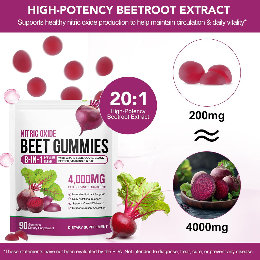 Beetroot Gummies 90 Gummies Beetroot Extract Supplement with COQ10 Vitamin C B12 Grape Seed Extract J6517