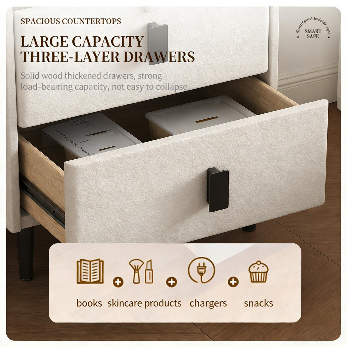 Smart Nightstand with Bluetooth Speaker, 3 Drawer LED Nightstand with USB Port R176