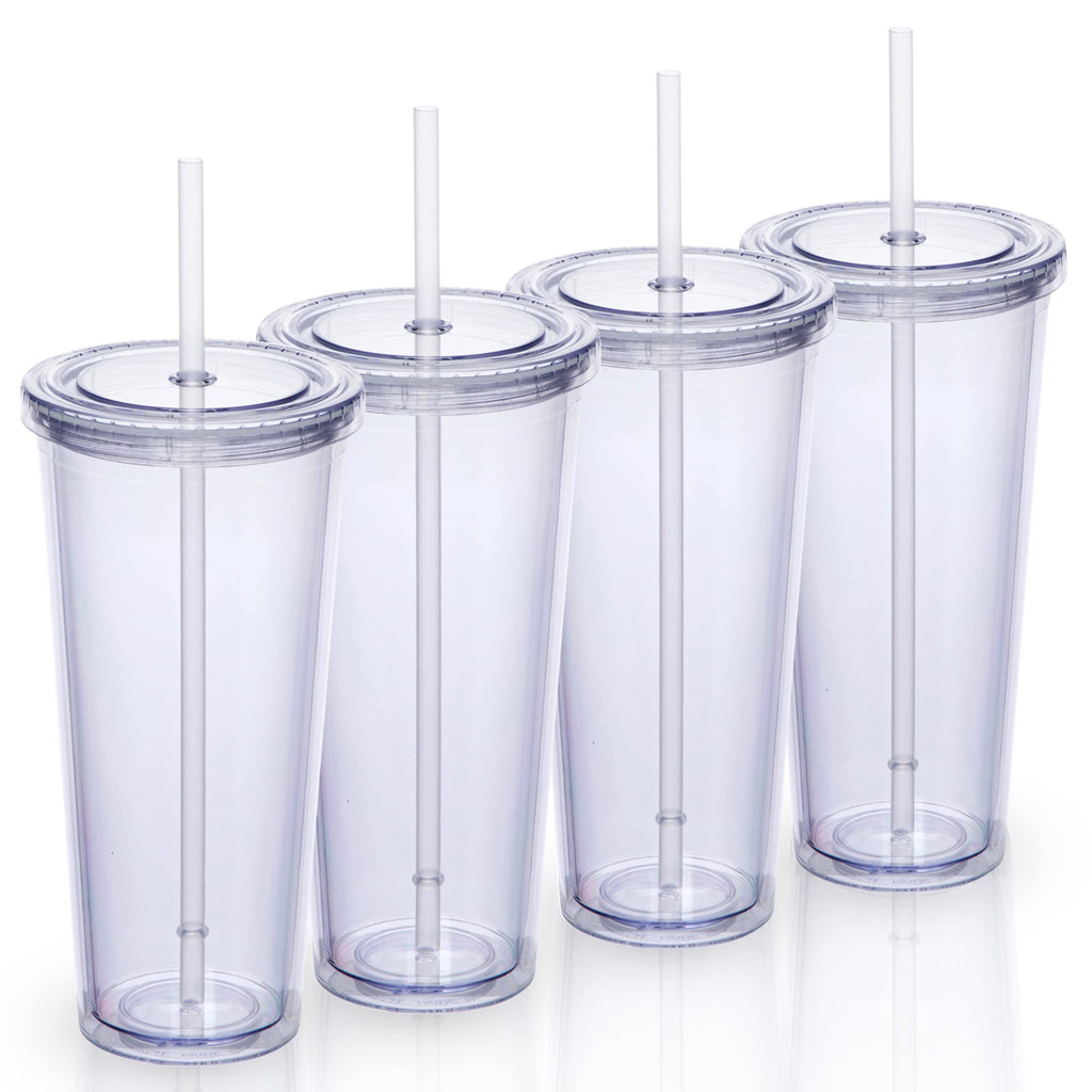 24oz Double Wall Plastic Tumblers with Lids and Straws, 4 Pack D327