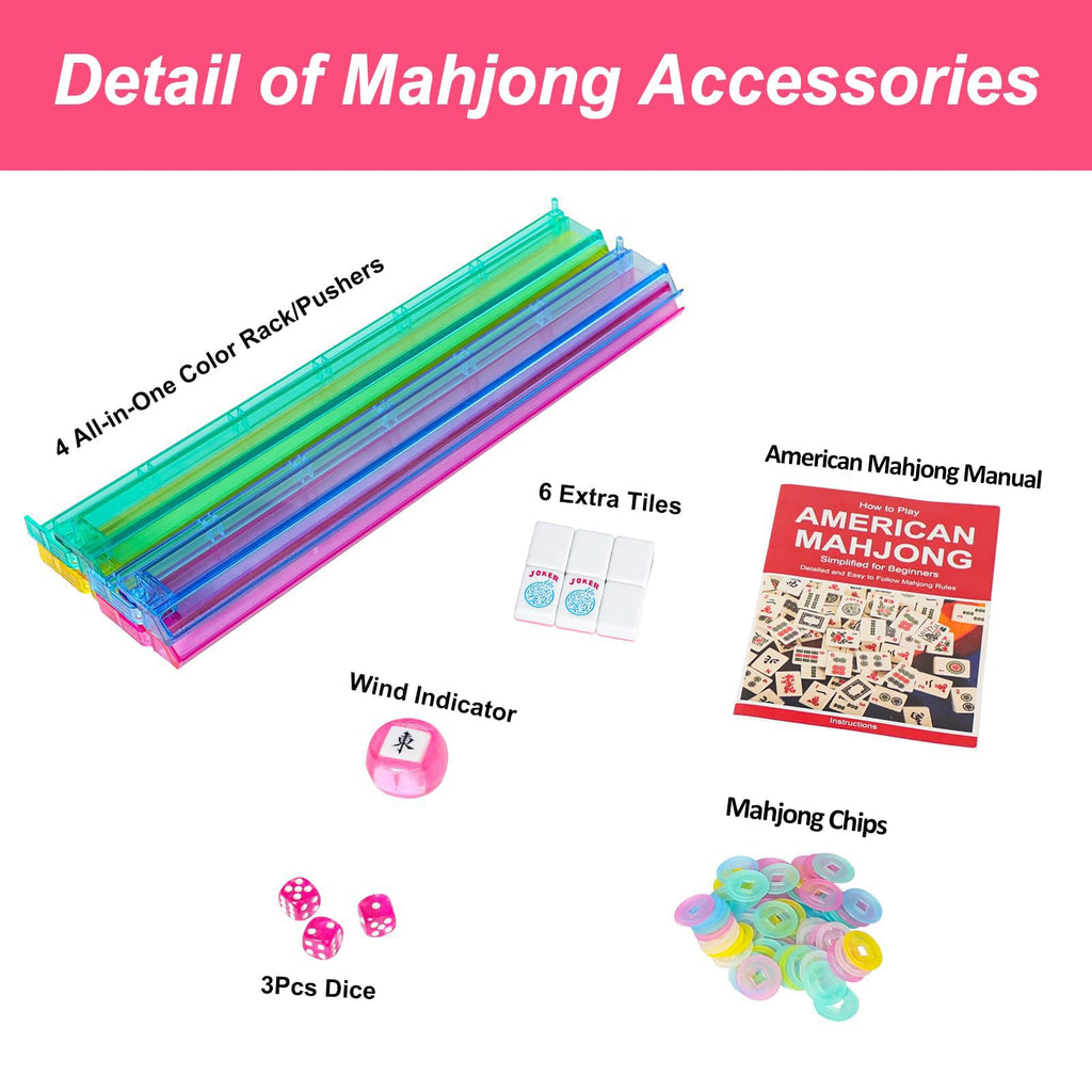 American Mahjong Game Set, 166 Pink Tiles, 4 All-in-One Color Rack/Pushers & Drawstring Bag B511949