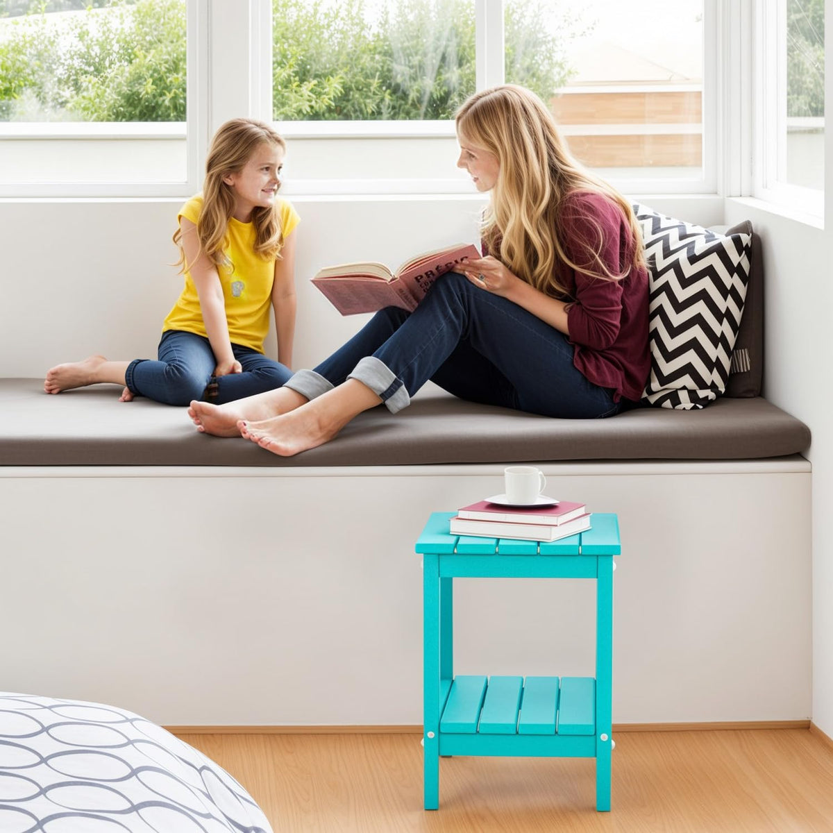 Aqua HDPE Plastic 2-Shelf Outdoor Side Table W917934