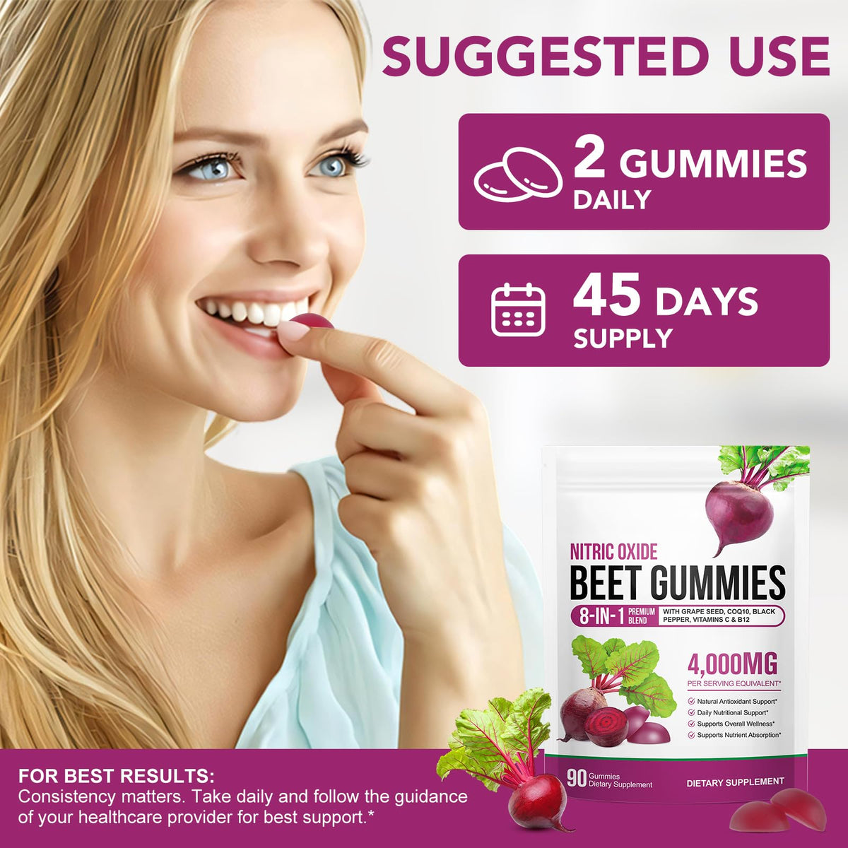 Beetroot Gummies 90 Gummies Beetroot Extract Supplement with COQ10 Vitamin C B12 Grape Seed Extract J6517