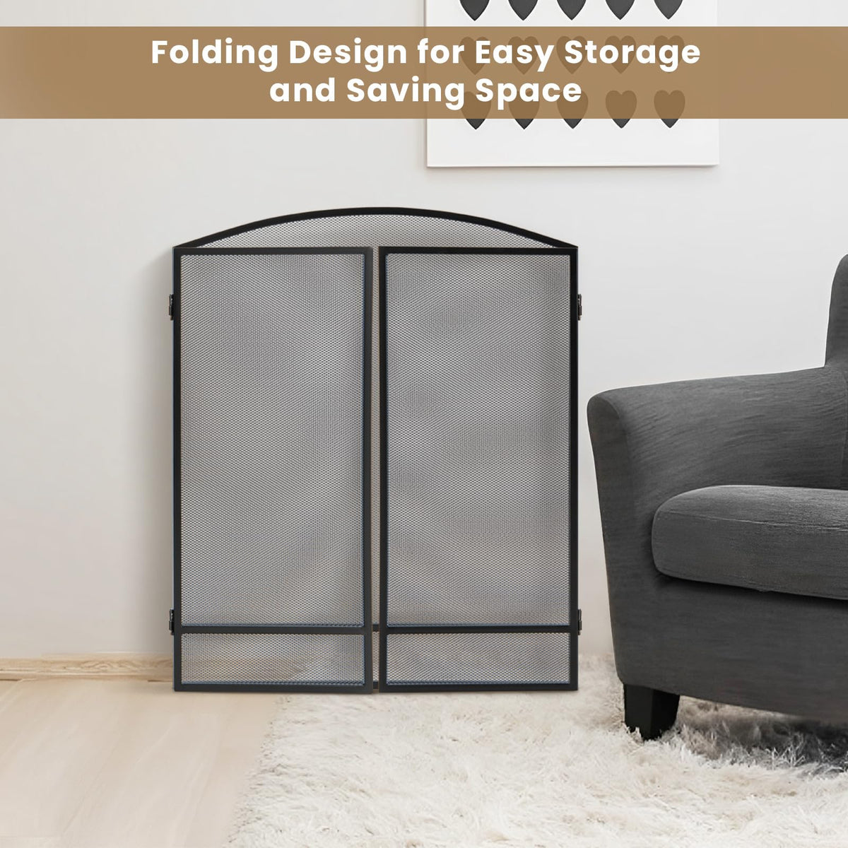 Black Wrought Iron 3 Panel Folding Fireplace Screen S1788