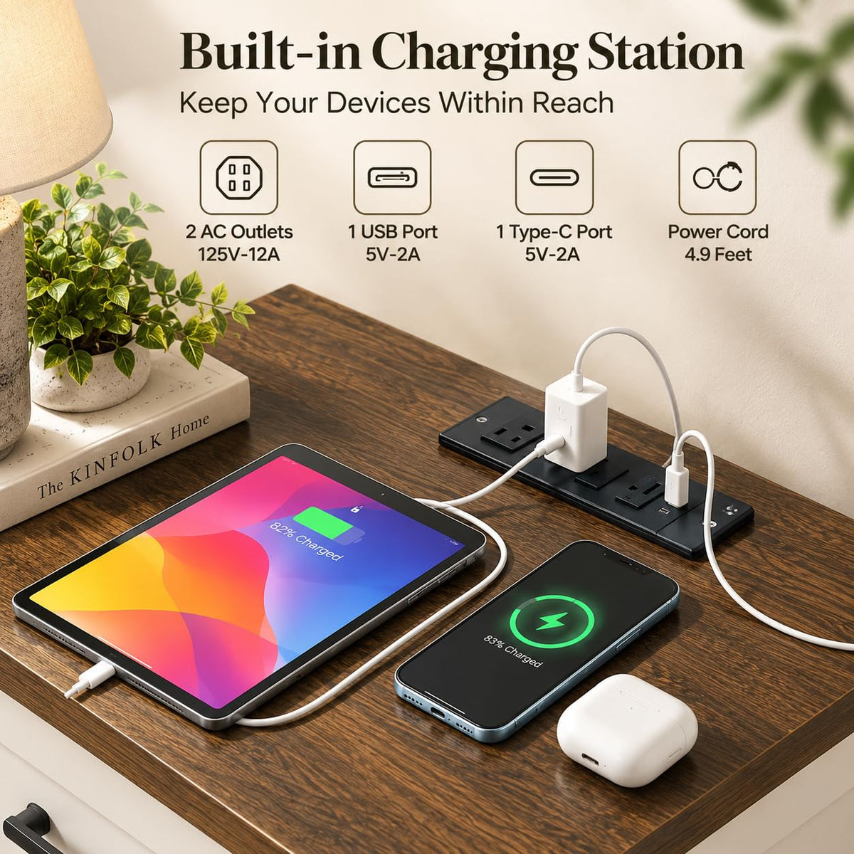 Set of 2 White Walnut Nightstand with Charging Station G810908