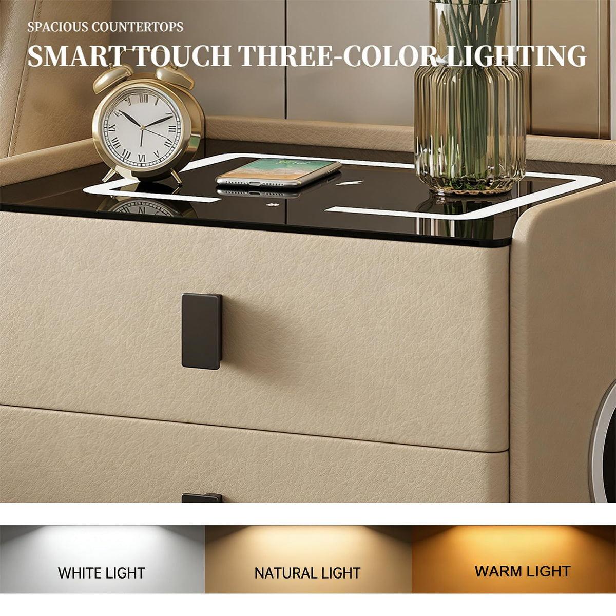 Smart Nightstand with Bluetooth Speaker, 3 Drawer LED Nightstand with USB Port R176