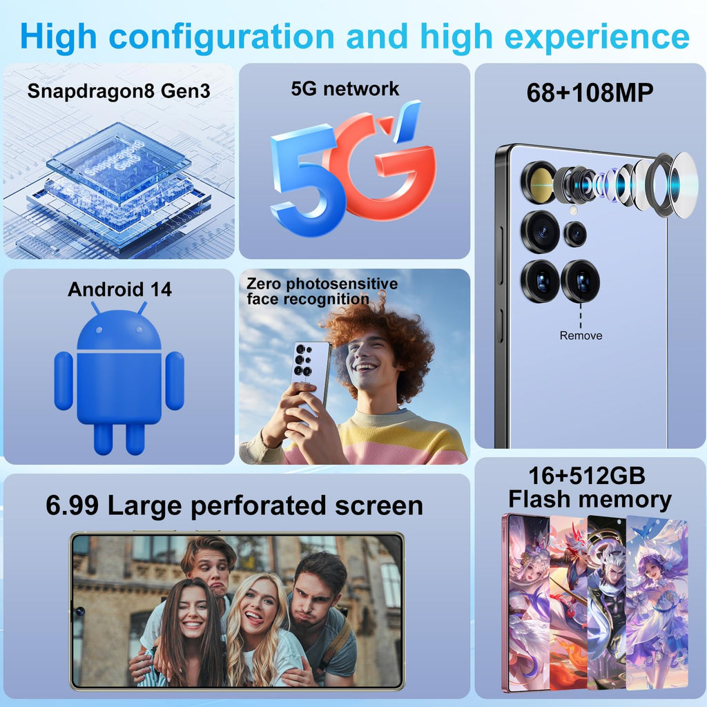 Unlocked Android 14 Smartphone 7000mAh 6.99" HD Screen 16+512GB Dual SIM 5G K5756