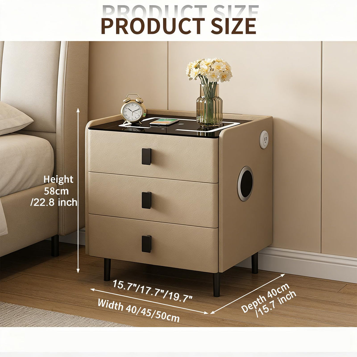 Smart Nightstand with Bluetooth Speaker, 3 Drawer LED Nightstand with USB Port R176