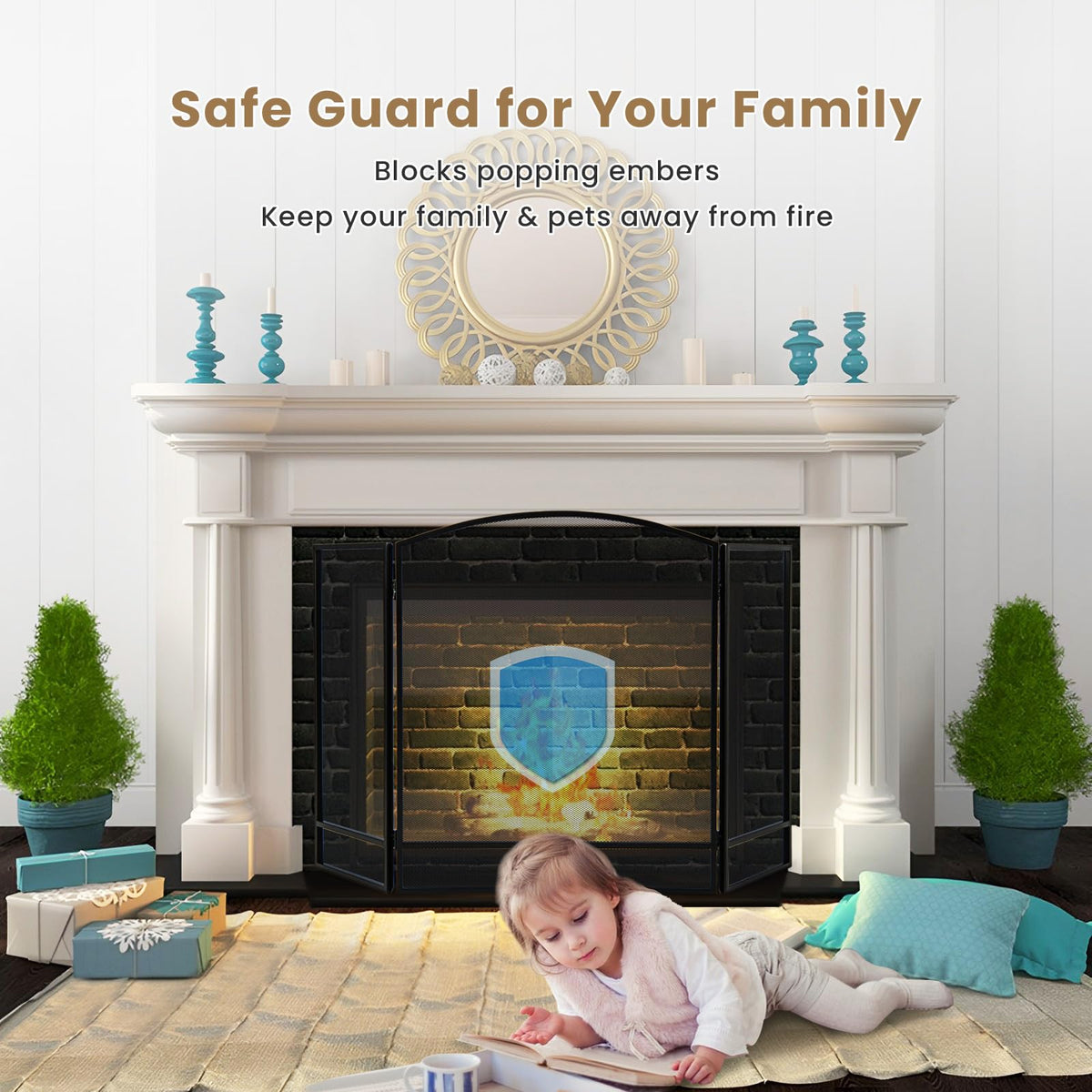 Black Wrought Iron 3 Panel Folding Fireplace Screen S1788