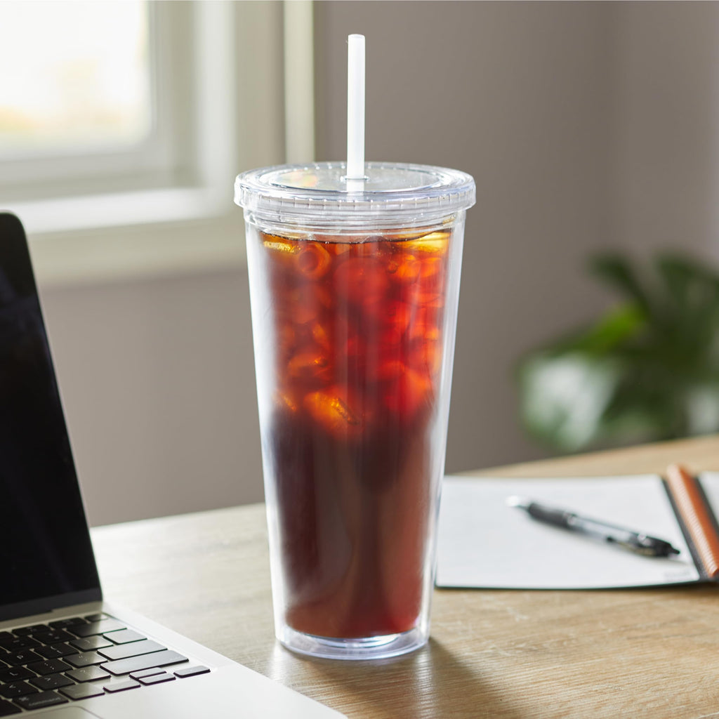 24oz Double Wall Plastic Tumblers with Lids and Straws, 4 Pack D327