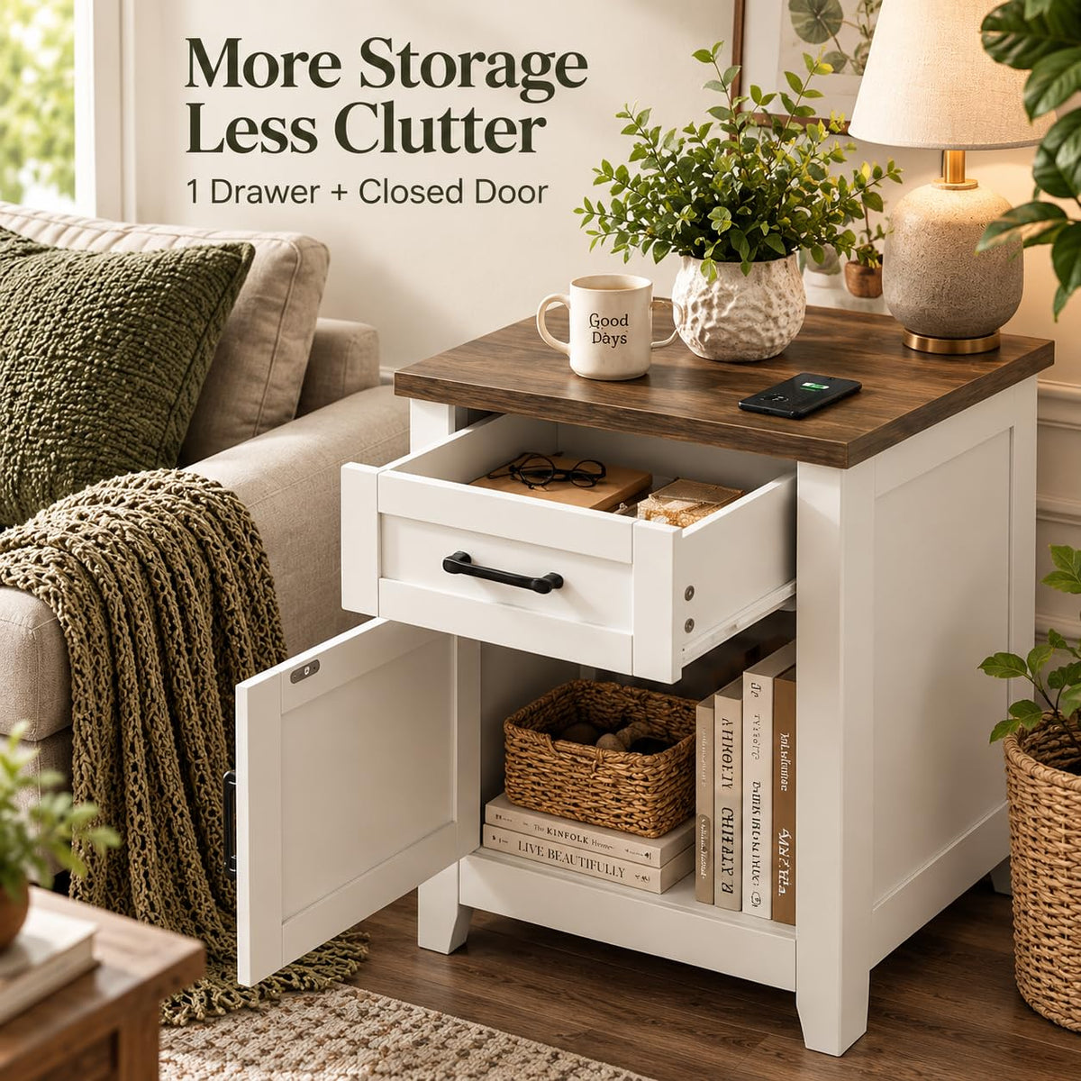 Set of 2 White Walnut Nightstand with Charging Station G810908