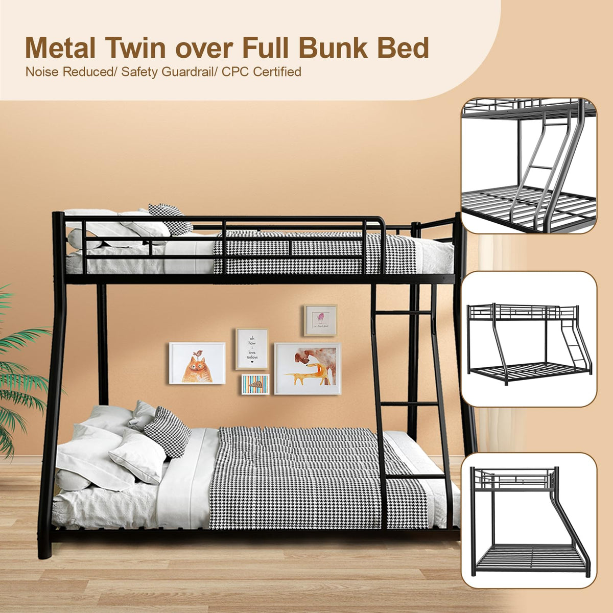Twin Over Full Size Bunk Bed with Guardrail & Ladder Y325617