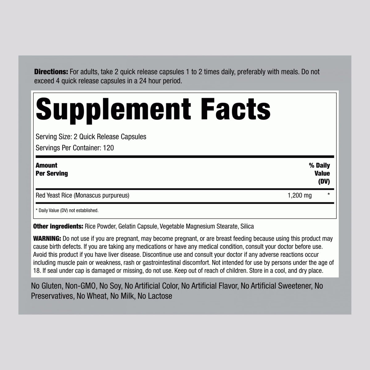 Red Yeast Rice 1200 mg 240 Capsules Y477