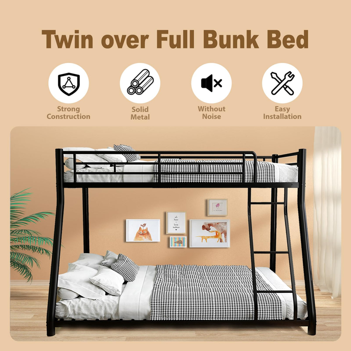 Twin Over Full Size Bunk Bed with Guardrail & Ladder Y325617