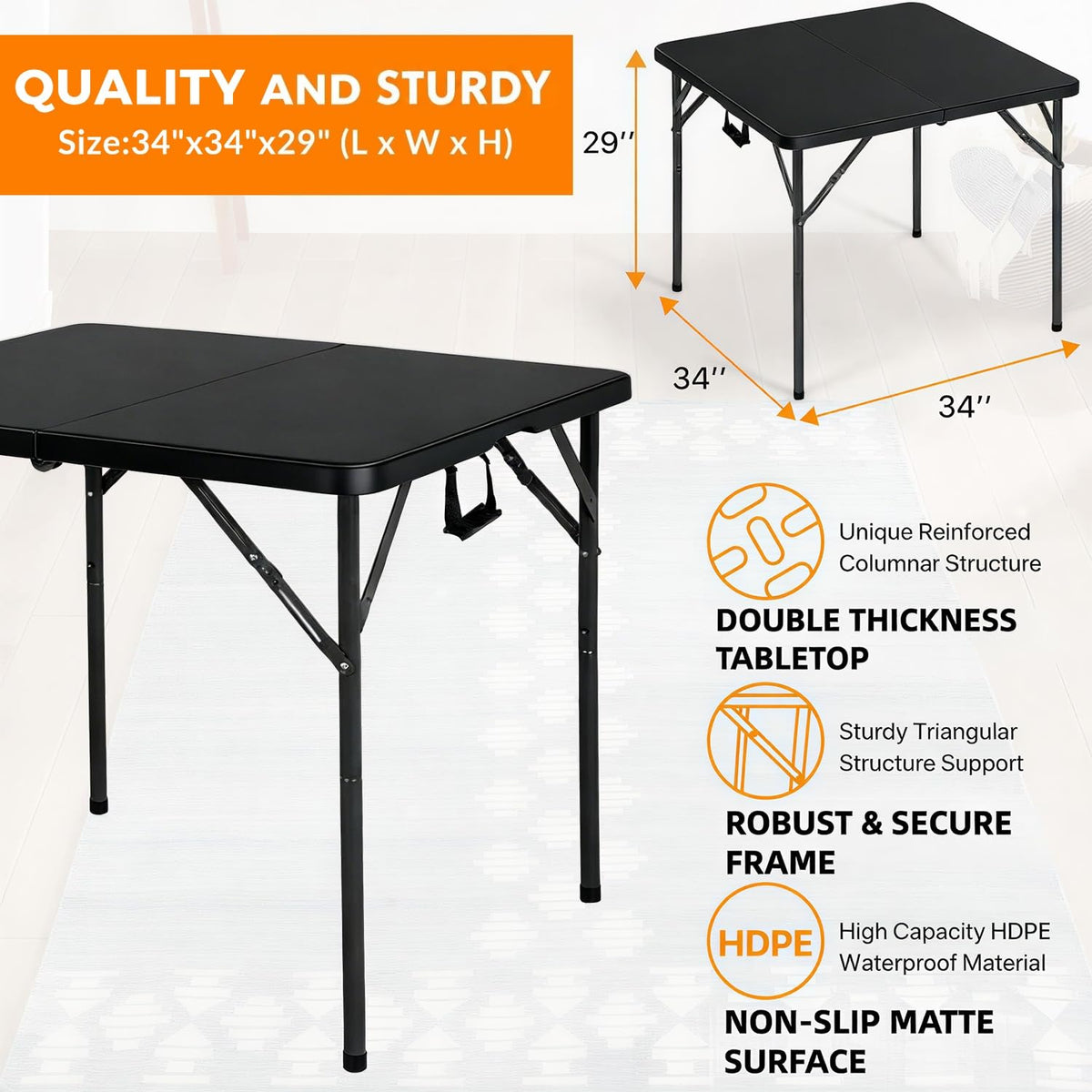 34" Black Square Folding Table with Carrying Handle X5417