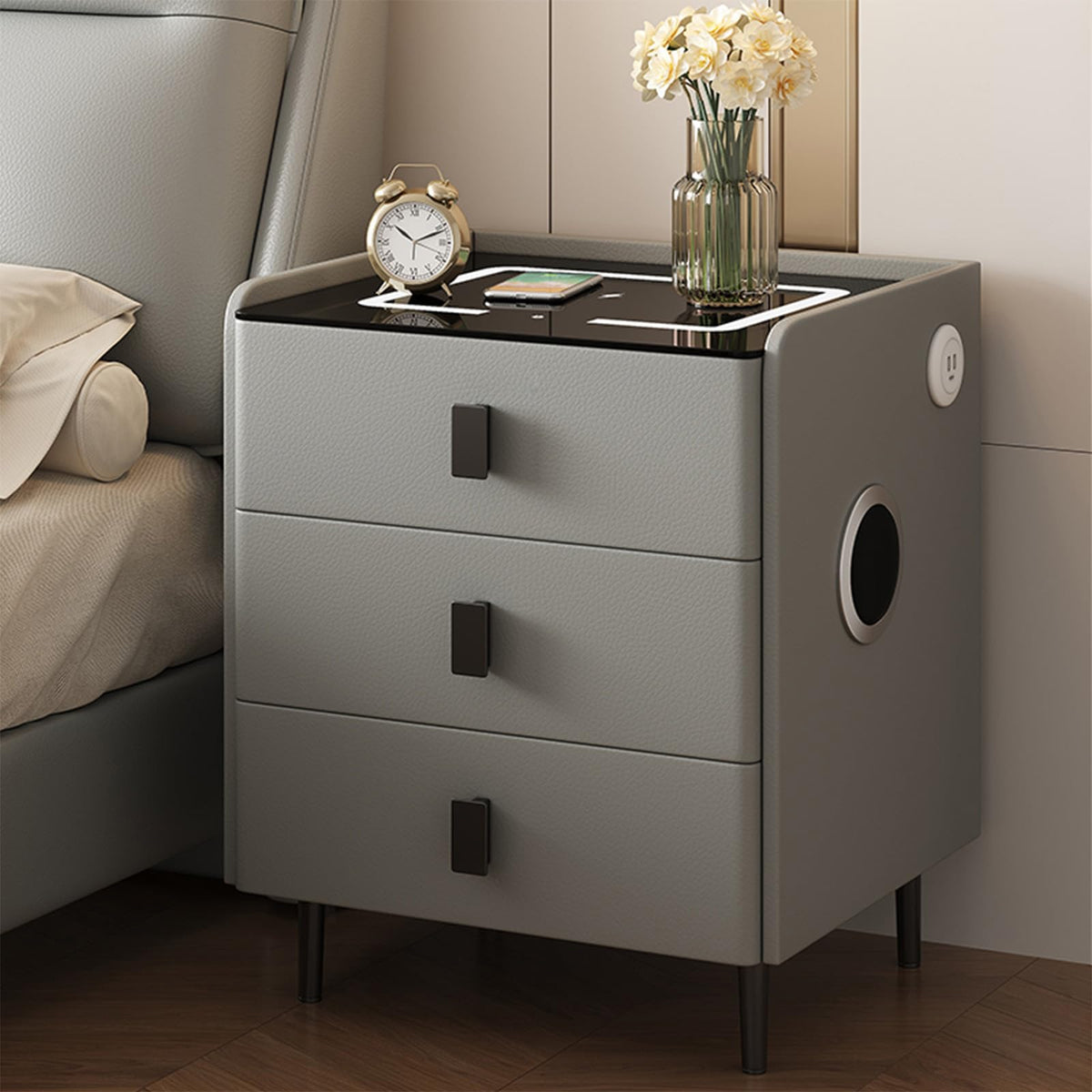 Smart Nightstand with Bluetooth Speaker, 3 Drawer LED Nightstand with USB Port R176