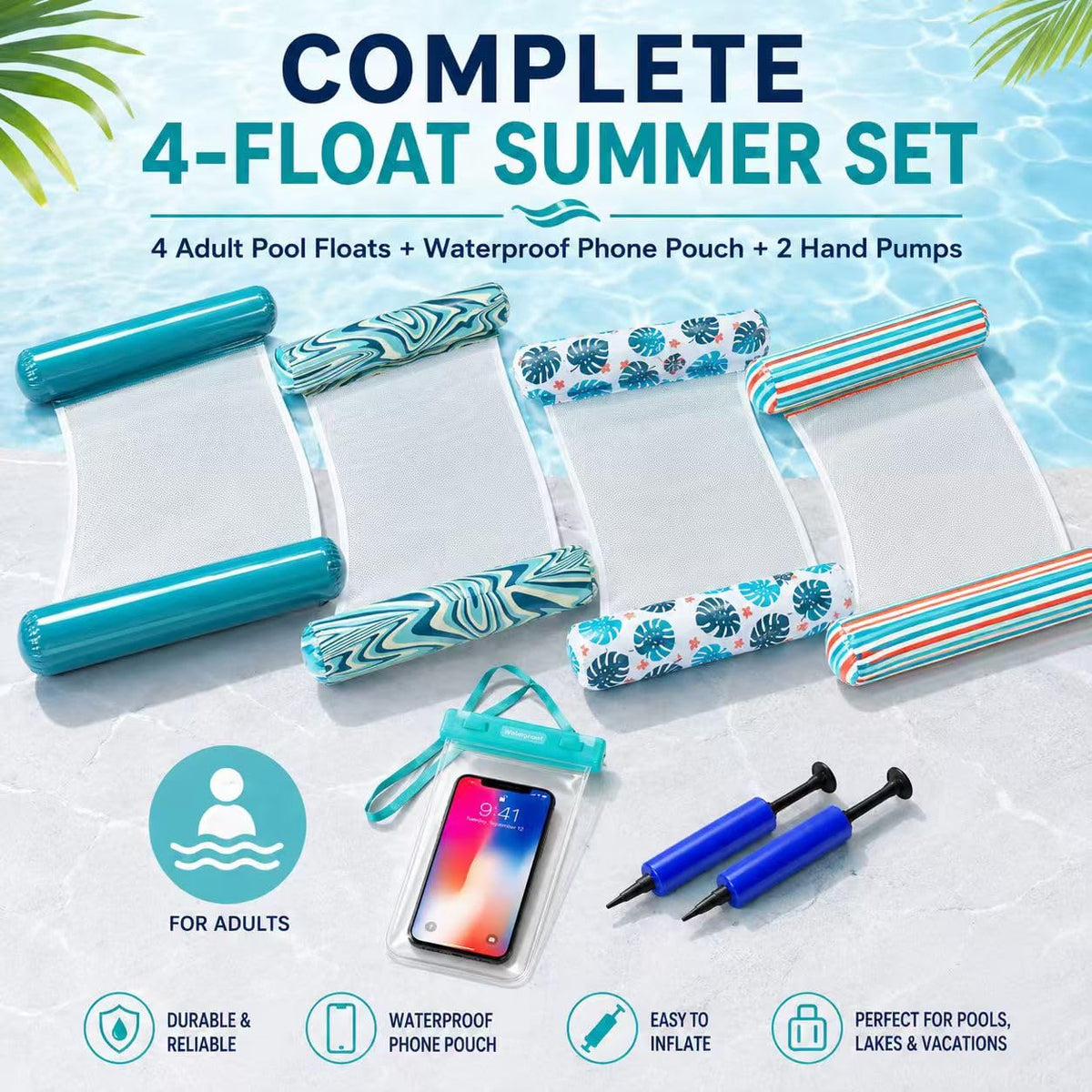 4-Pack Inflatable Pool Floats with Air Pump & Phone Pouch Y64399