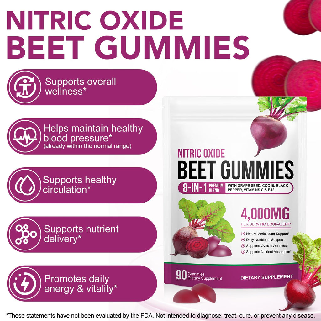 Beetroot Gummies 90 Gummies Beetroot Extract Supplement with COQ10 Vitamin C B12 Grape Seed Extract J6517