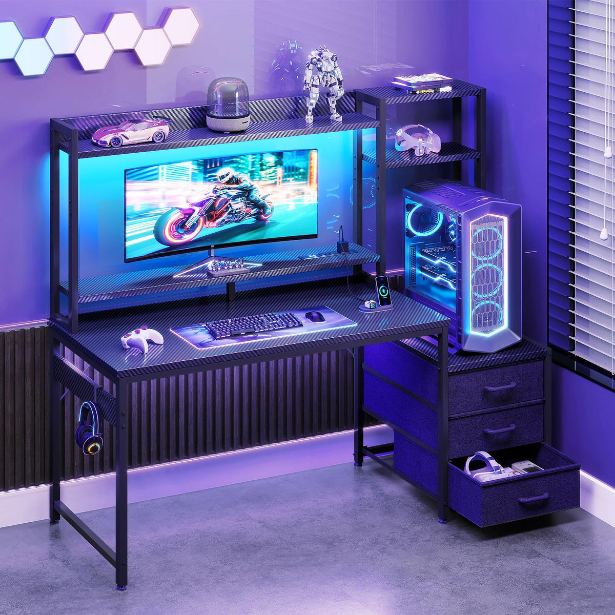 48 Inch Gaming Desk with Shelves and Drawers J99321