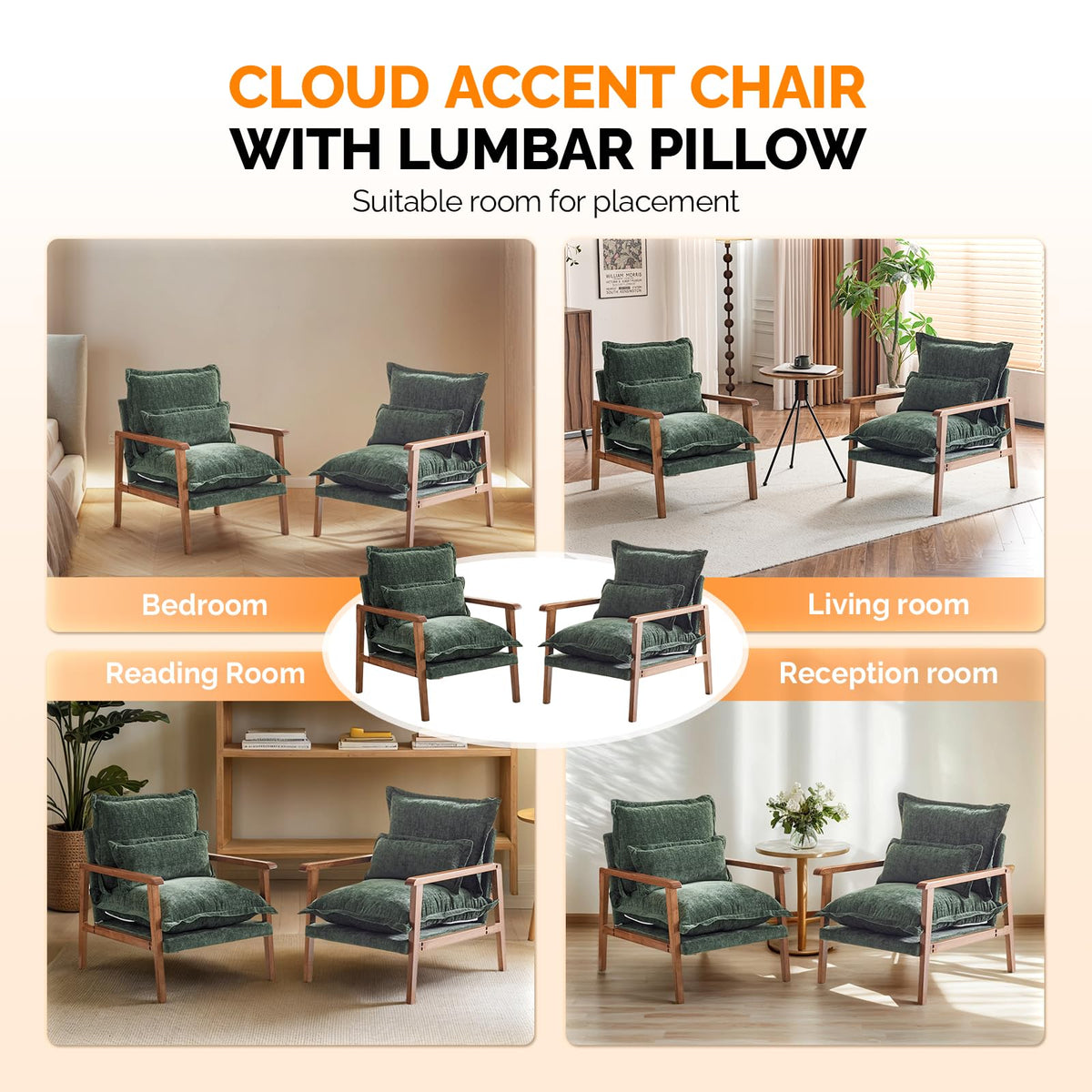 Dark Green Chenille Accent Armchairs Set of 2 with Lumbar Pillow W1349