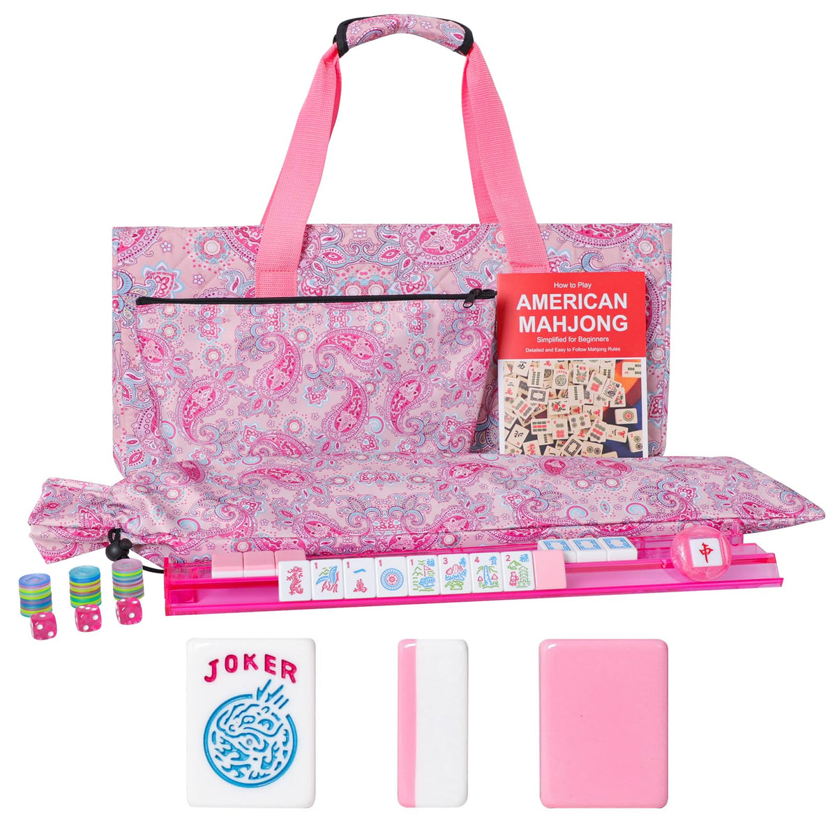 American Mahjong Game Set, 166 Pink Tiles, 4 All-in-One Color Rack/Pushers & Drawstring Bag B511949