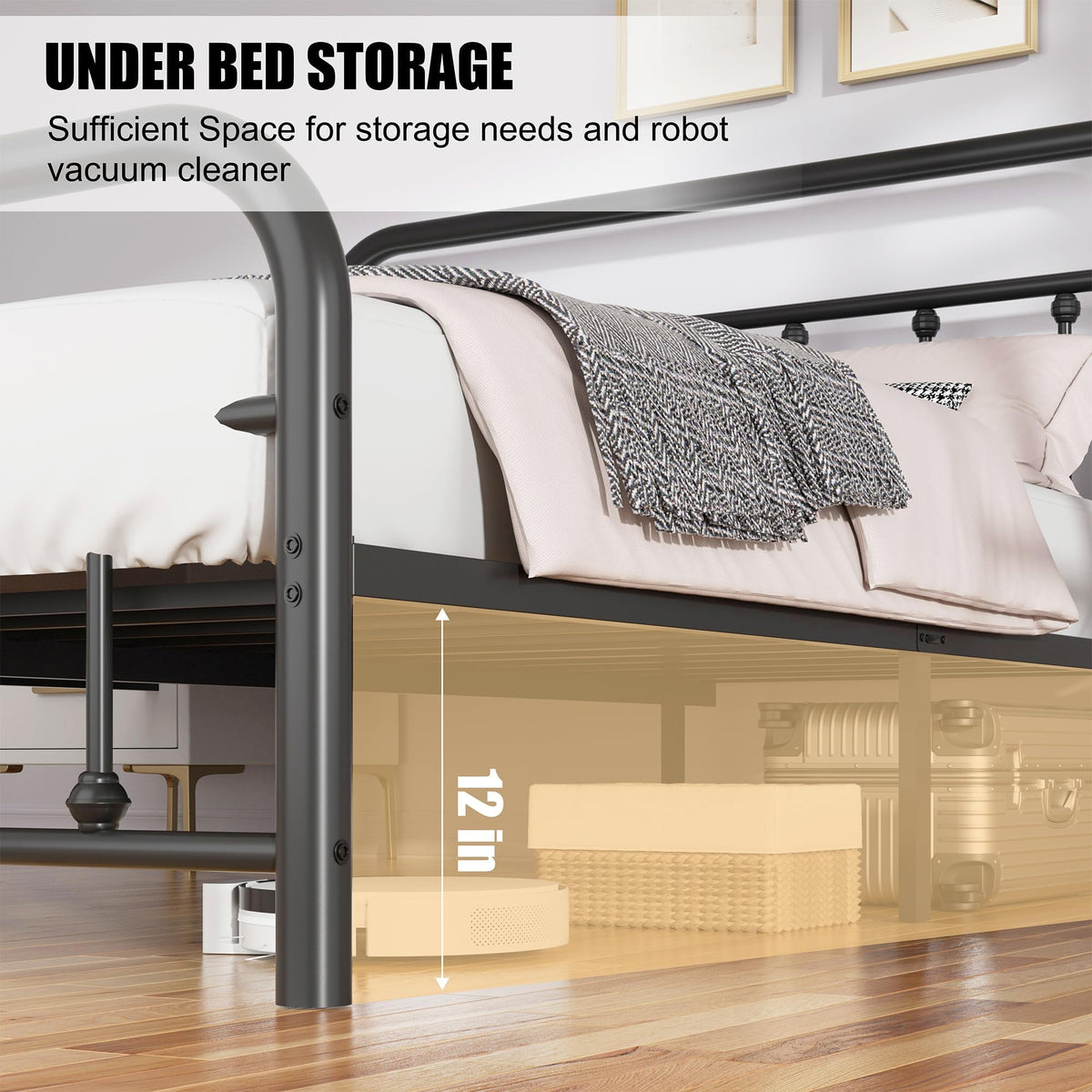 Full Size Black Metal Platform Bed Frame with Headboard R5894