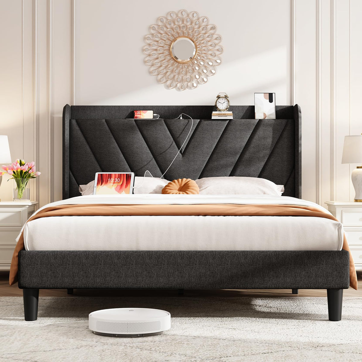 Queen Upholstered Platform Bed Frame with Storage Headboard K16675