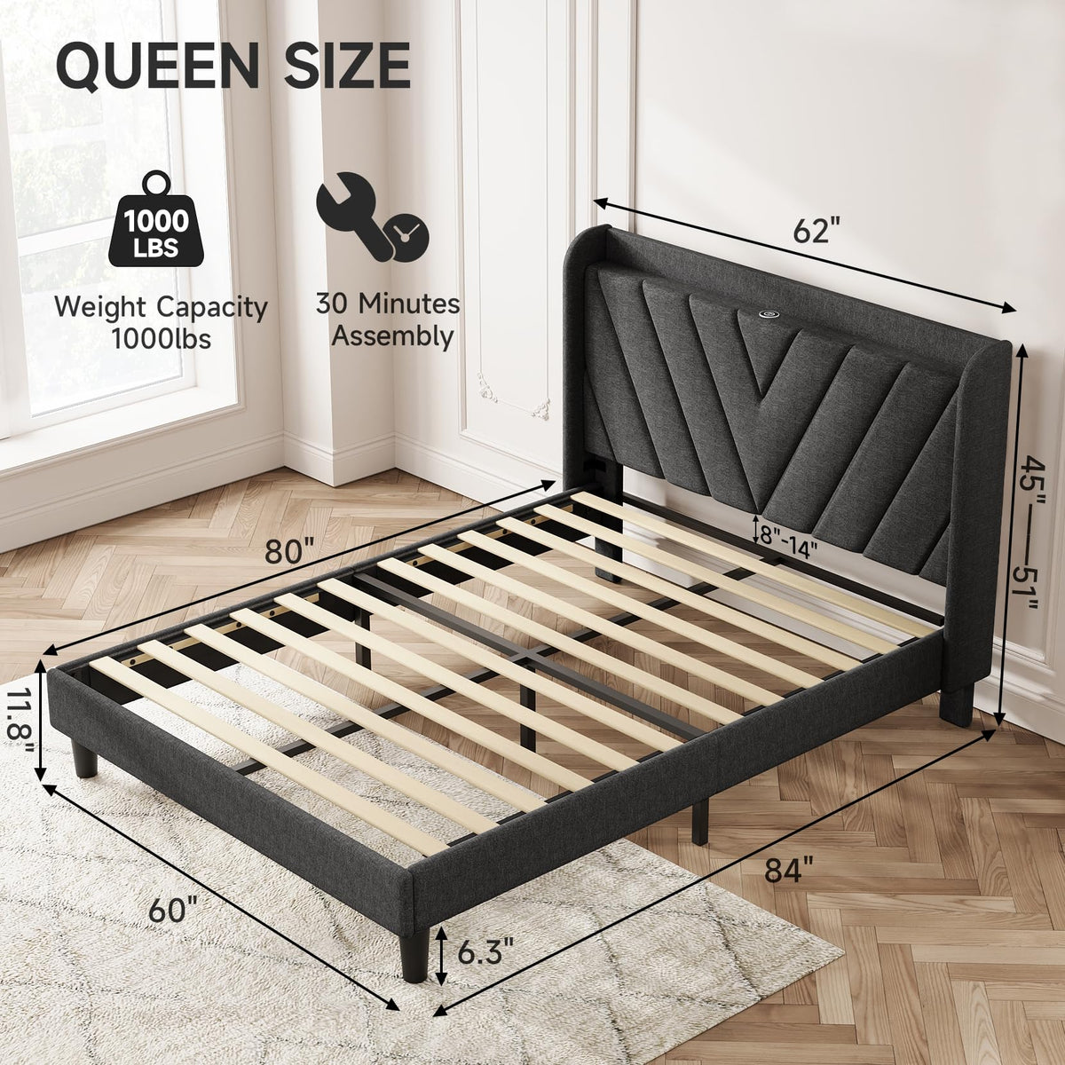 Queen Upholstered Platform Bed Frame with Storage Headboard K16675