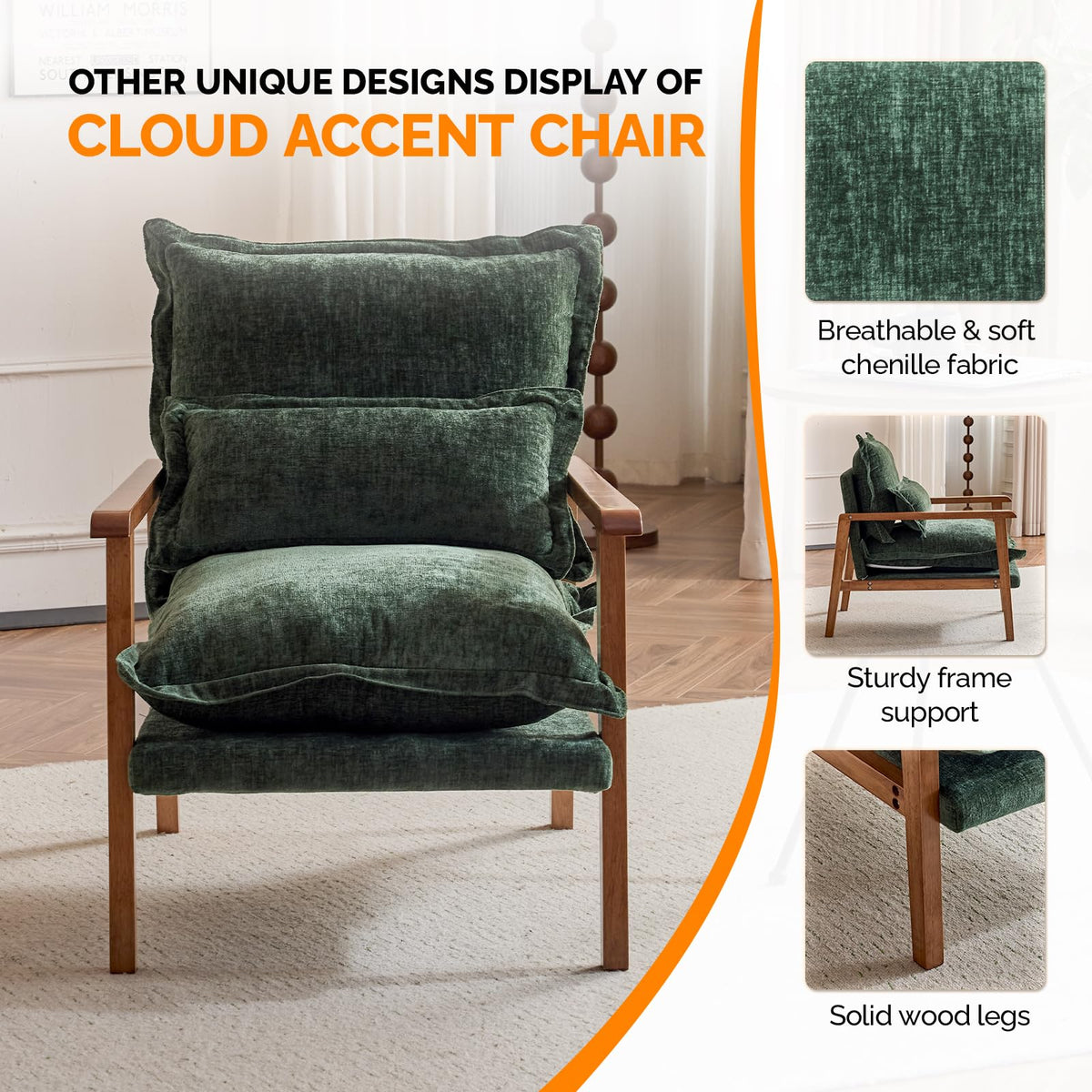 Dark Green Chenille Accent Armchairs Set of 2 with Lumbar Pillow W1349