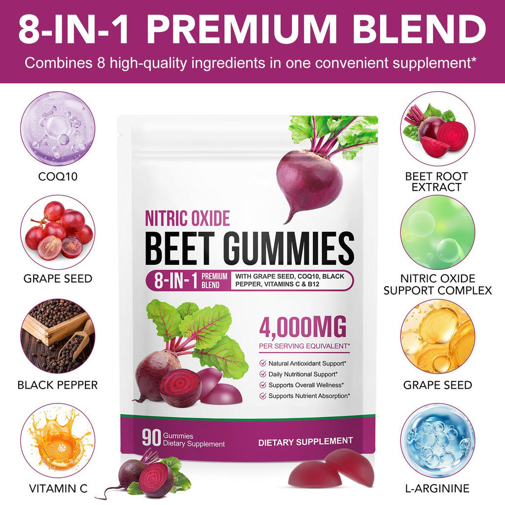 Beetroot Gummies 90 Gummies Beetroot Extract Supplement with COQ10 Vitamin C B12 Grape Seed Extract J6517