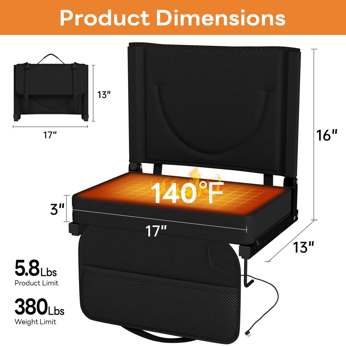 Black Heated Folding Stadium Seat Z35437