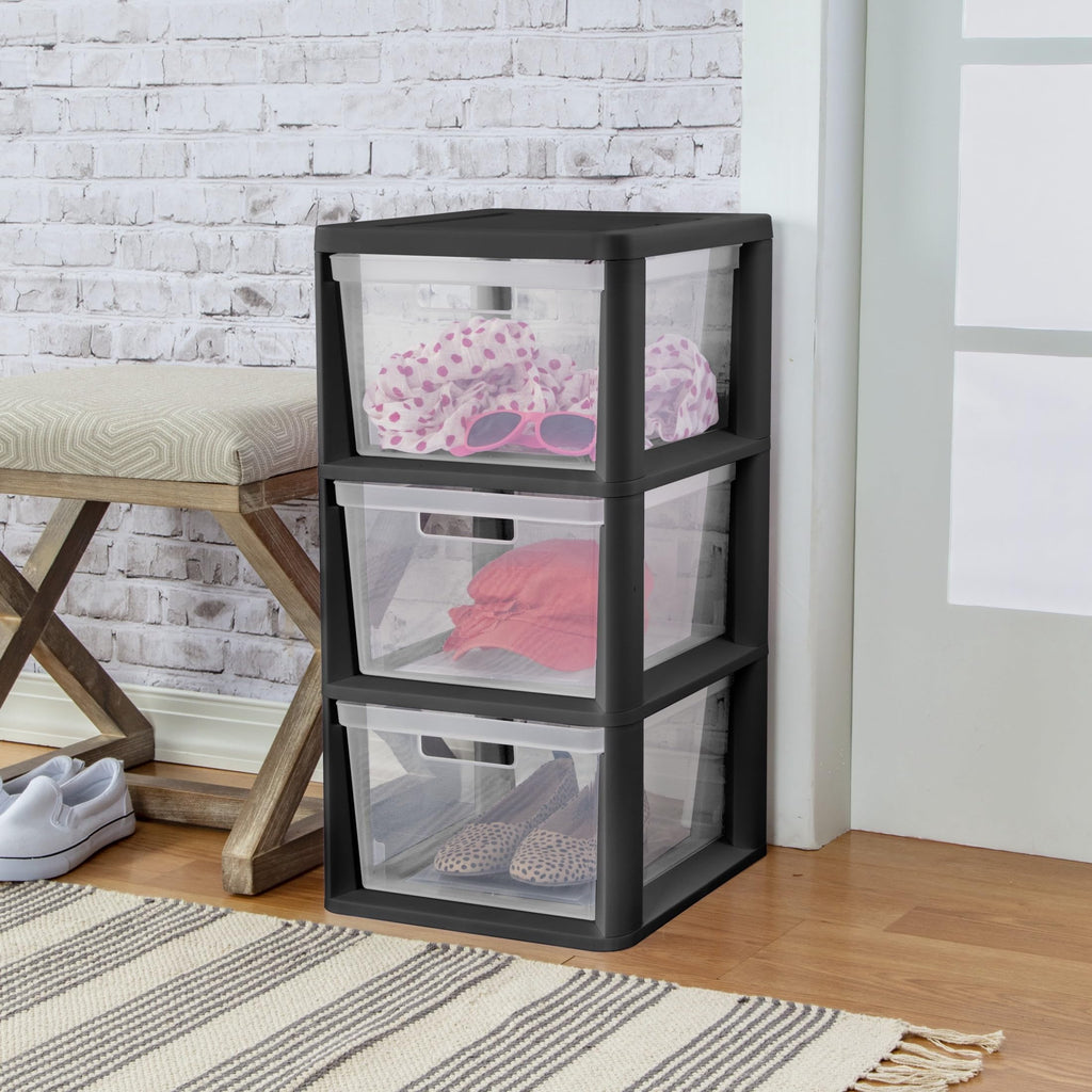 Black 3-Tier Plastic Storage Drawer Tower K1082