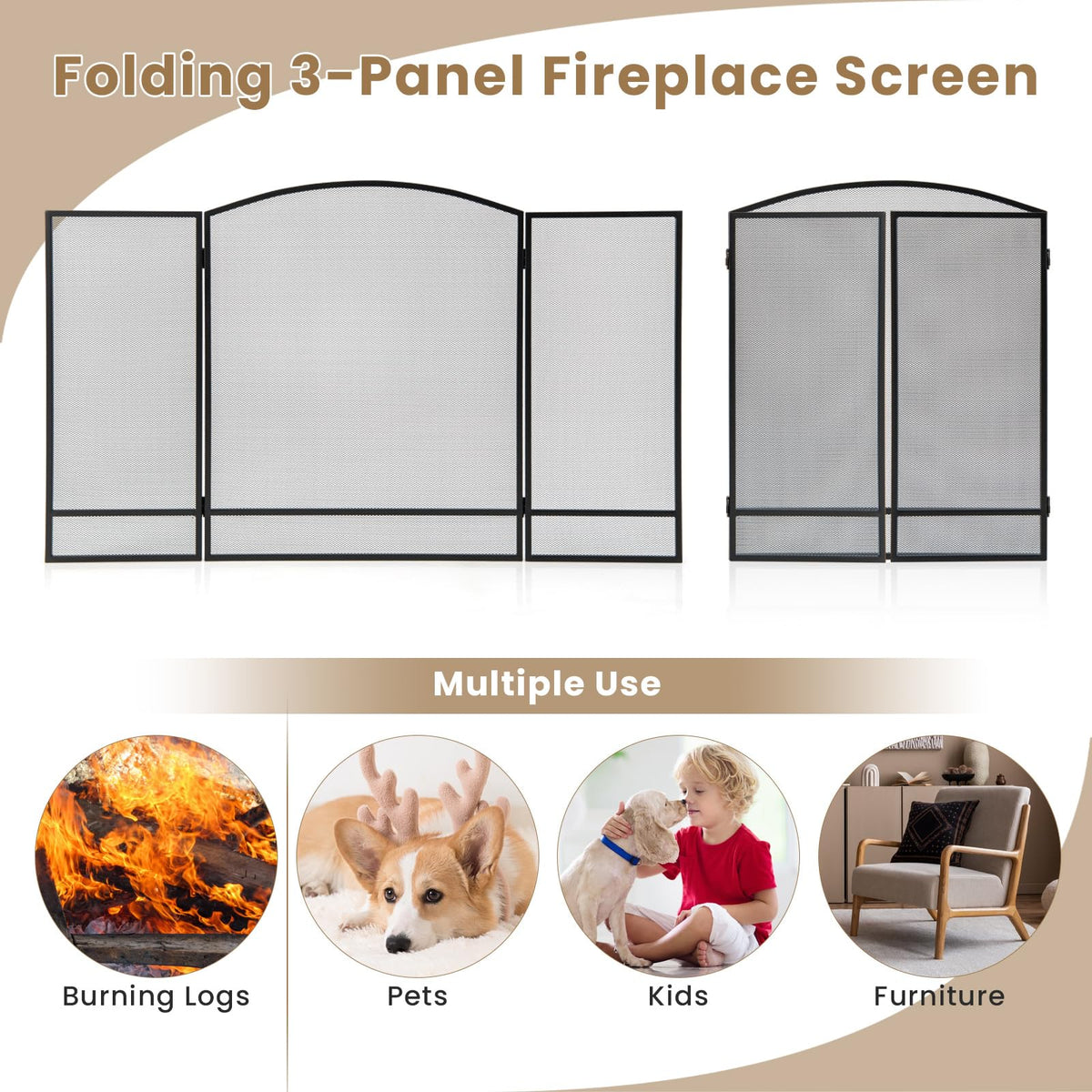 Black Wrought Iron 3 Panel Folding Fireplace Screen S1788