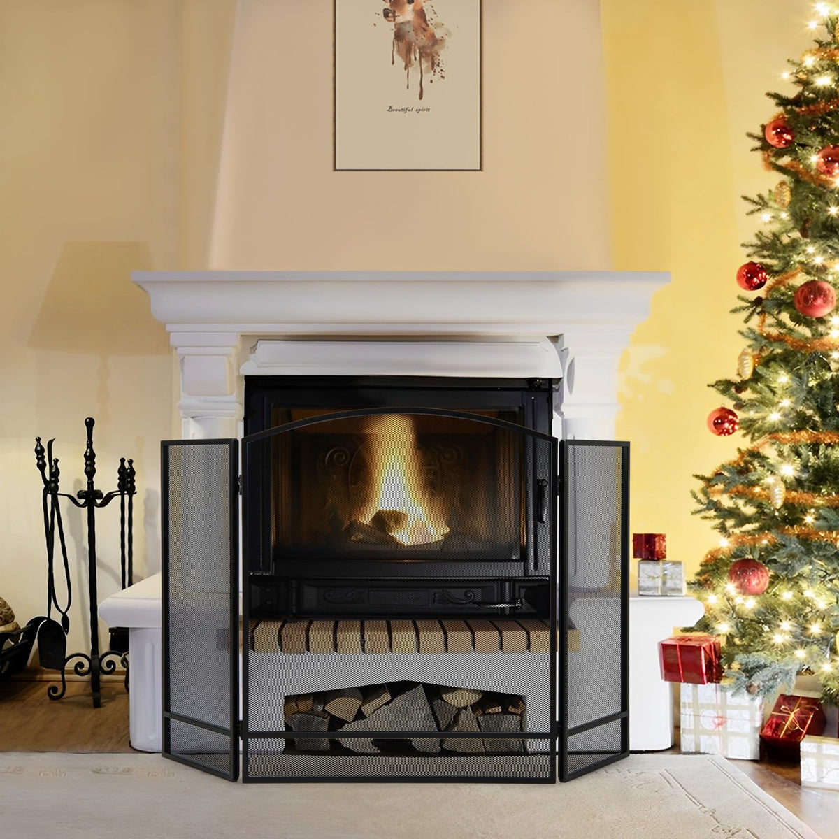 Black Wrought Iron 3 Panel Folding Fireplace Screen S1788