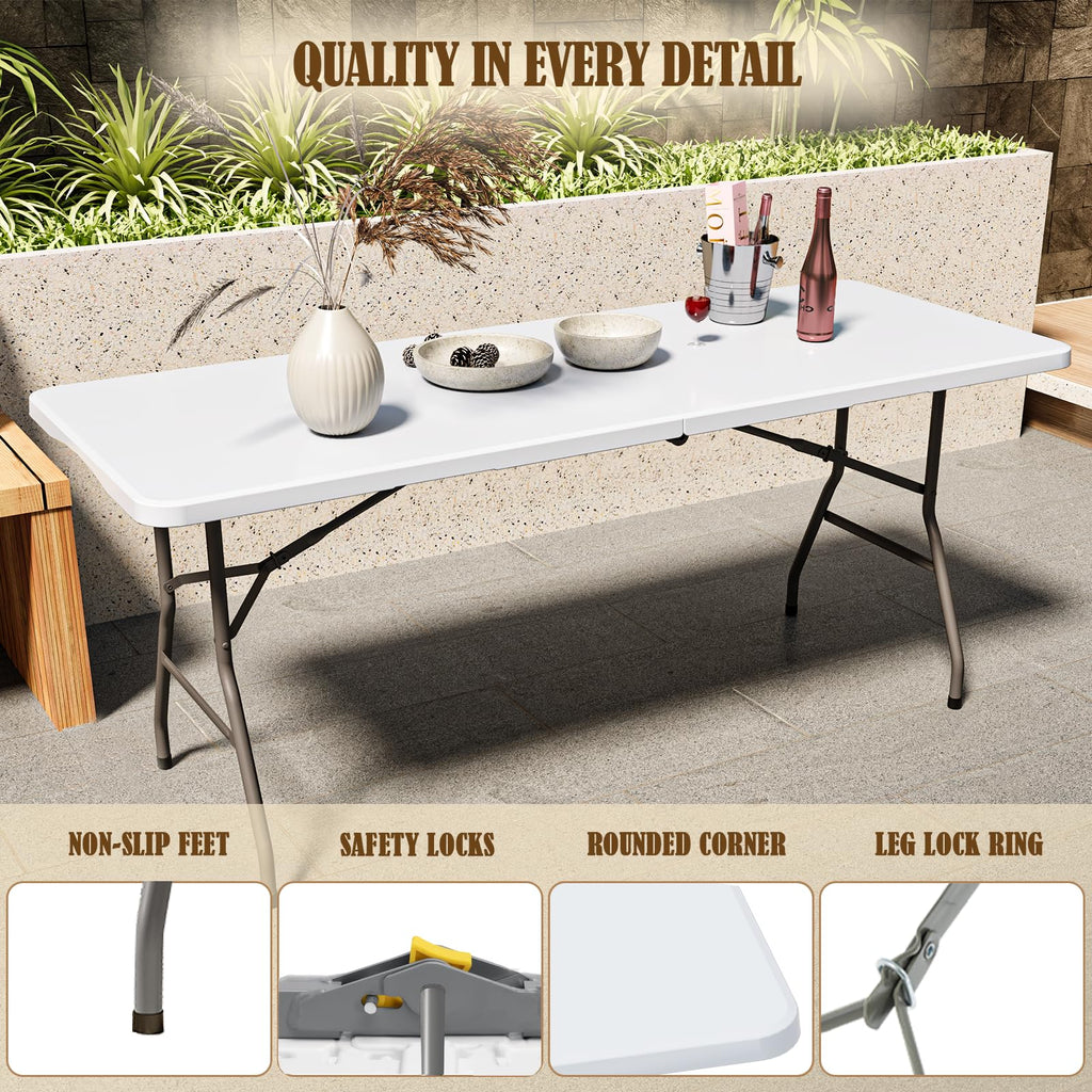 6FT White Folding Picnic Table with Carrying Handle K2565