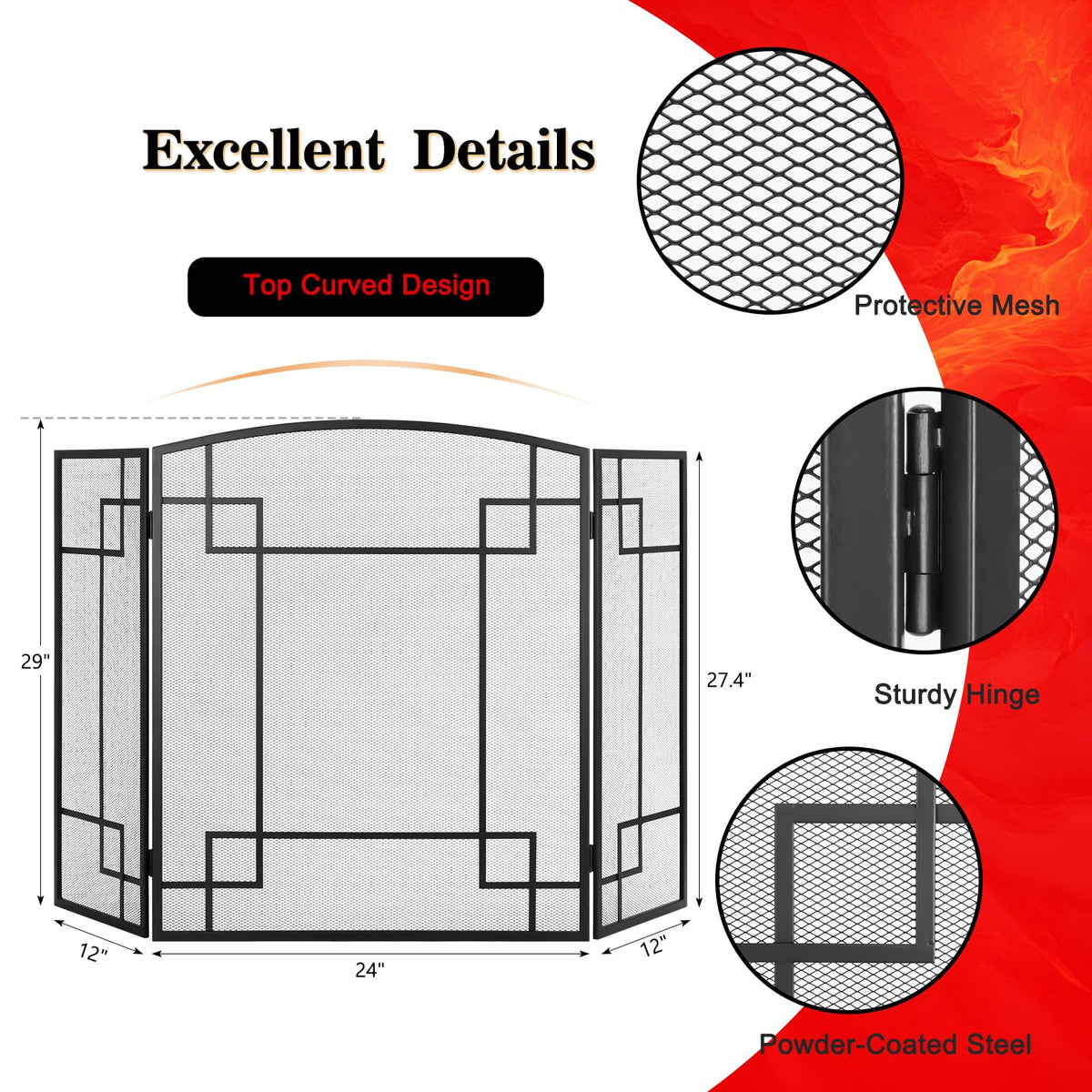 Fireplace Screen 3 Panel Wrought Iron X224297