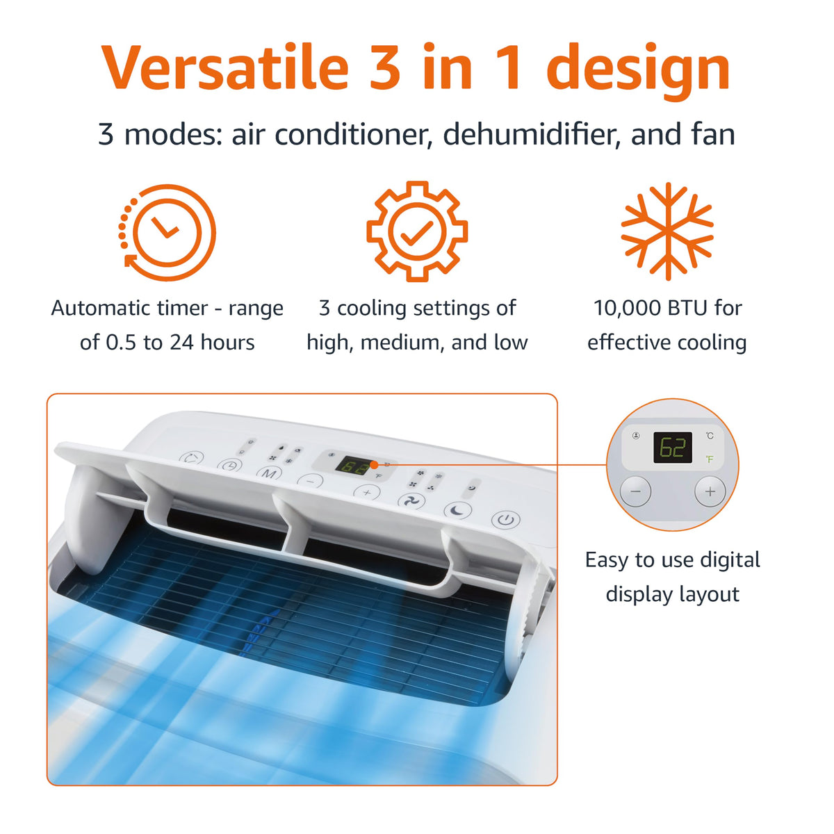 3-In-1 Portable Air Conditioner with Remote, 10000 BTU, White V906933