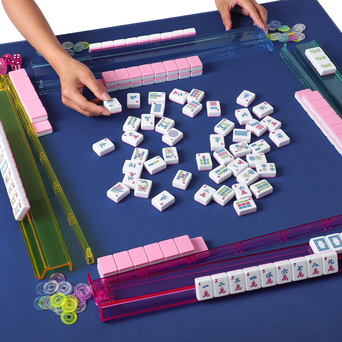 American Mahjong Game Set, 166 Pink Tiles, 4 All-in-One Color Rack/Pushers & Drawstring Bag B511949