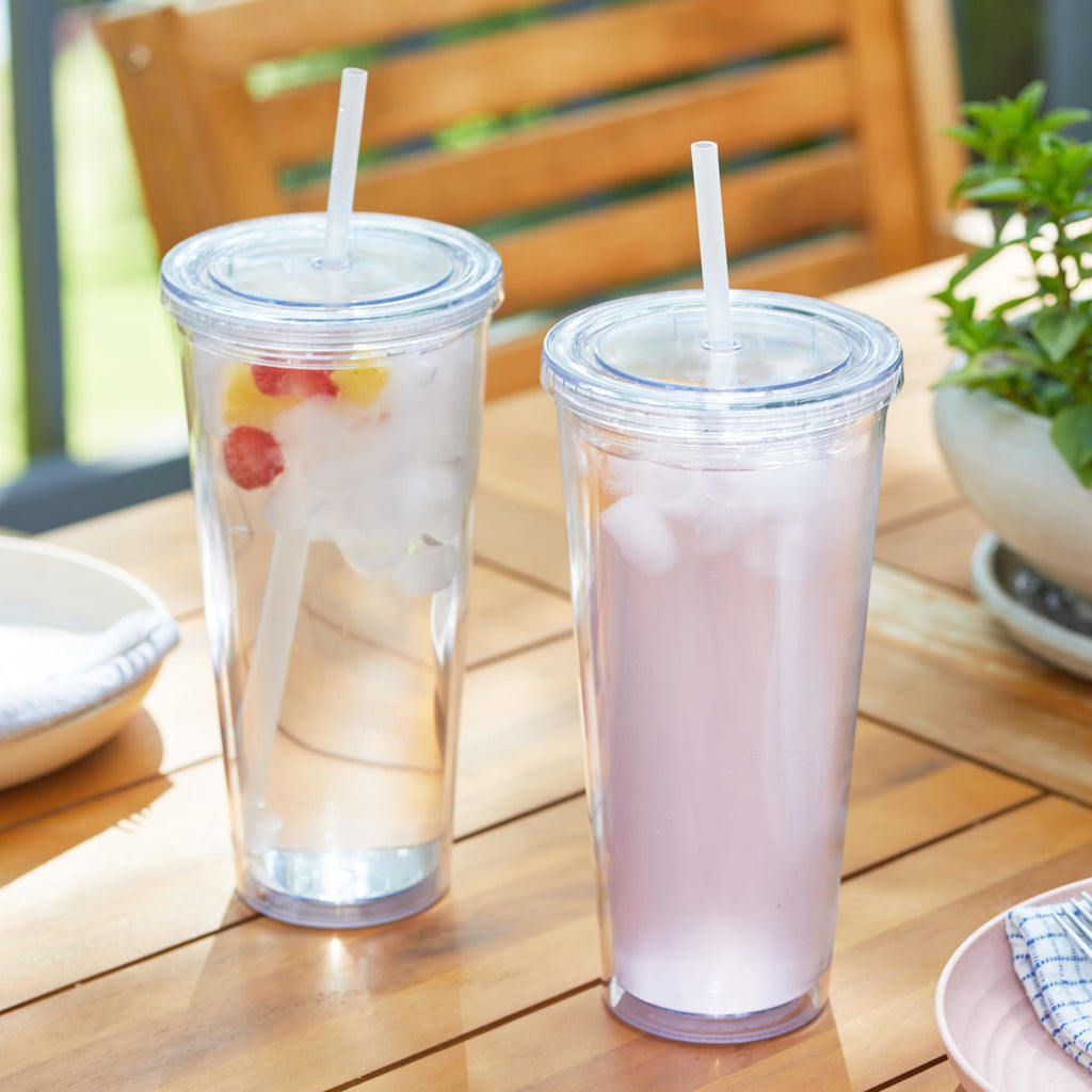 24oz Double Wall Plastic Tumblers with Lids and Straws, 4 Pack D327