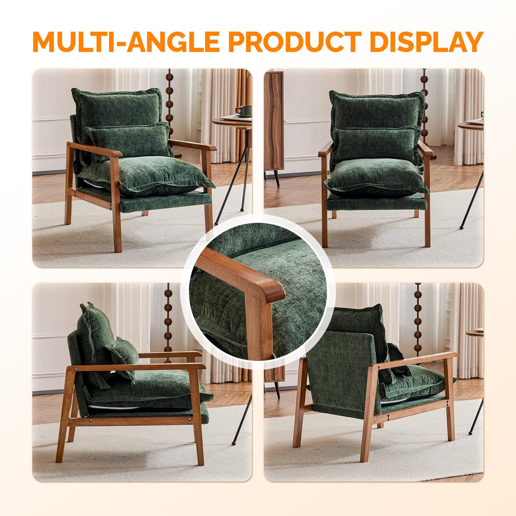 Dark Green Chenille Accent Armchairs Set of 2 with Lumbar Pillow W1349