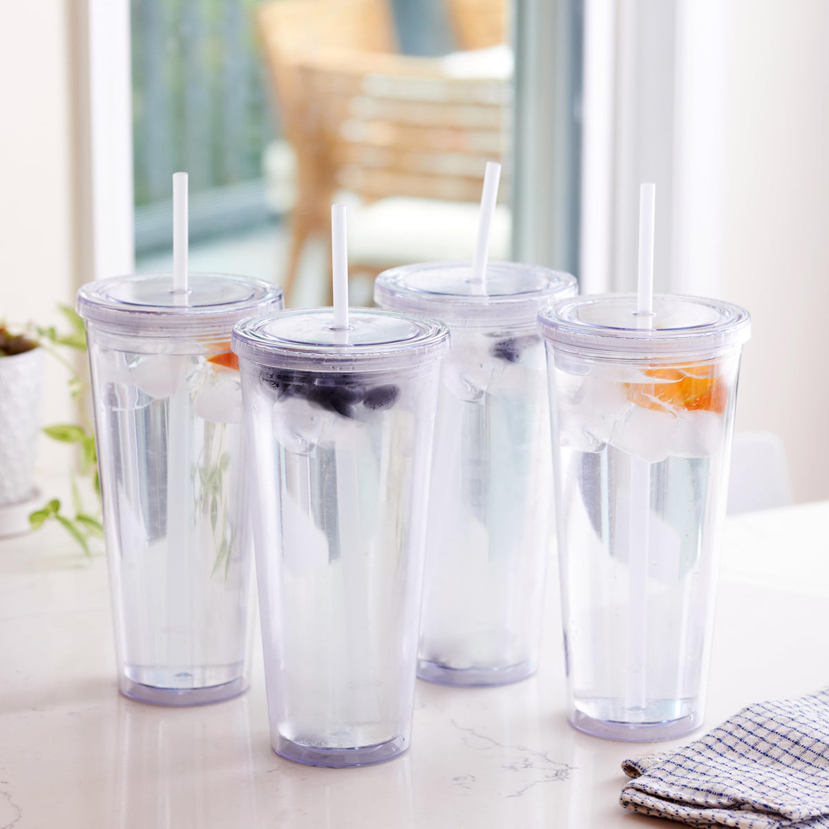 24oz Double Wall Plastic Tumblers with Lids and Straws, 4 Pack D327