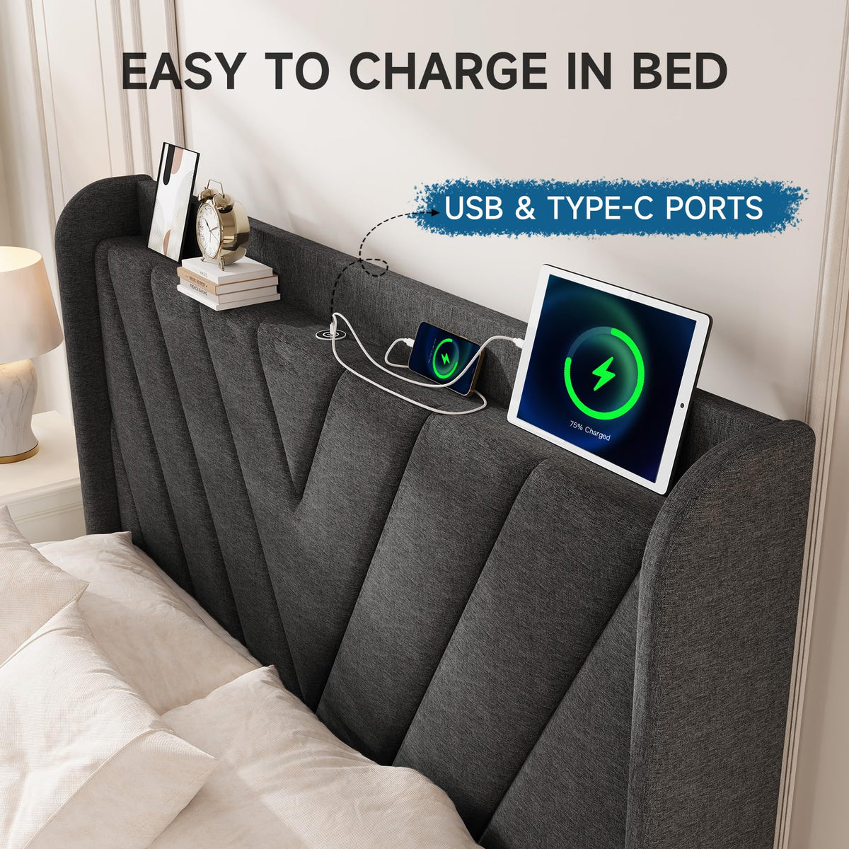 Queen Upholstered Platform Bed Frame with Storage Headboard K16675